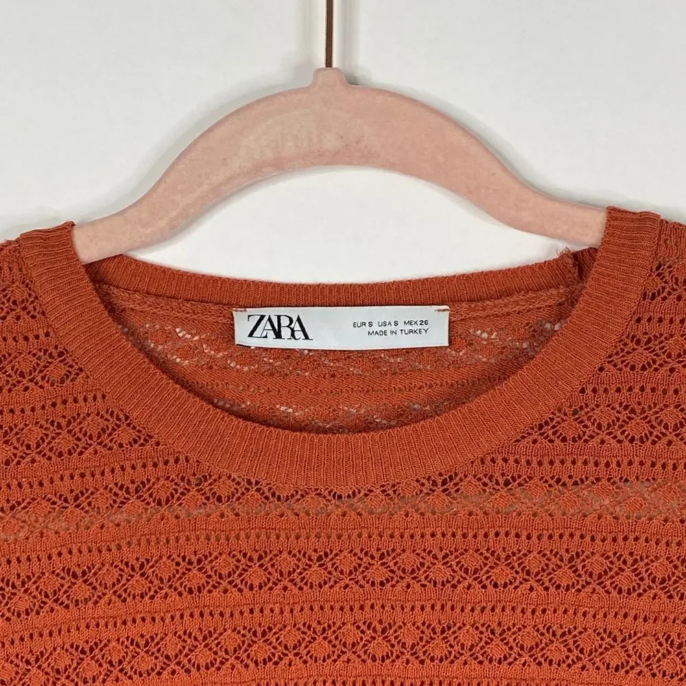 2/$30 ZARA Open Knit Crochet Sweater Small Burnt Orange Crew Long Sleeve #6453 - Picture 4 of 13